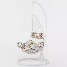 Качели садовые Кокон V44-001-03 белый ротанг с белой подушкой с розами