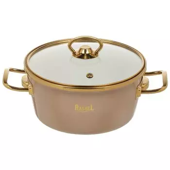 Кастрюля эмалированная сталь, 2.1 л, с крышкой, крышка стекло, ручки золото, круглая, RasheL, Grand, R0218, кремово-розовая, индукция