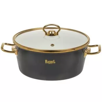 Кастрюля эмалированная сталь, 3.5 л, с крышкой, крышка стекло, ручки золото, круглая, RasheL, Grand, R0822, графит, индукция