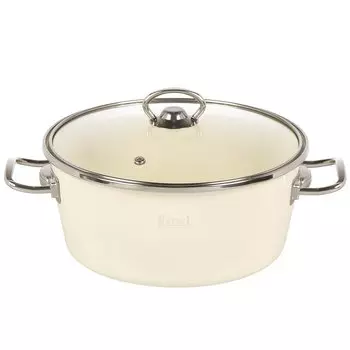 Кастрюля эмалированная сталь, 3.5 л, с крышкой, крышка стекло, ручки хром, RasheL, R9022, кремовая, индукция