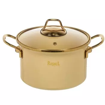 Кастрюля эмалированная сталь, 4 л, с крышкой, крышка стекло, ручки золото, круглая, RasheL, Gold, R-07720, кремовая, индукция