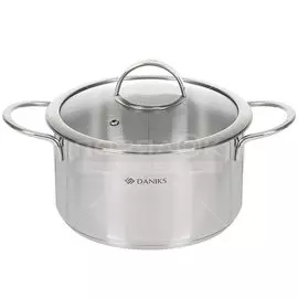 Кастрюля нержавеющая сталь, 3.4 л, с крышкой, крышка стекло, Daniks, Бонн, GS-01319-20CA, индукция