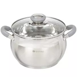 Кастрюля нержавеющая сталь, 2.9 л, с крышкой, крышка стекло, Daniks, Модерн серый, SD-18N, индукция
