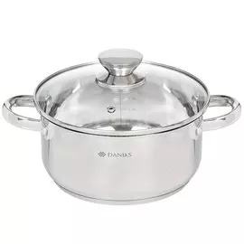 Кастрюля нержавеющая сталь, 3.1 л, с крышкой, крышка стекло, Daniks, Оптима, GS-01201-20CA, индукция