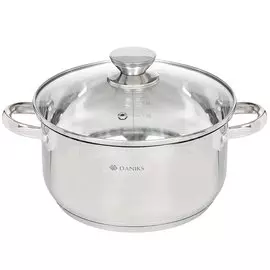 Кастрюля нержавеющая сталь, 5.4 л, с крышкой, крышка стекло, Daniks, Оптима, GS-01201-24CA, индукция