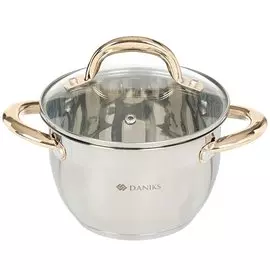 Кастрюля нержавеющая сталь, 1.8 л, с крышкой, крышка стекло, Daniks, Мадрид Gold, SD-316G, индукция