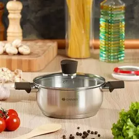 Кастрюля нержавеющая сталь, 2 л, с крышкой, крышка стекло, Daniks, Savory, SD-A95-18, серебристая