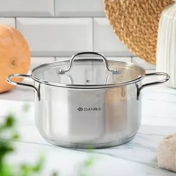 Кастрюля нержавеющая сталь, 3.6 л, крышка стекло, Daniks, Нолан, GS-01363-20CA, индукция