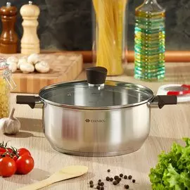 Кастрюля нержавеющая сталь, 4.8 л, с крышкой, крышка стекло, Daniks, Savory, SD-A95-24, серебристая