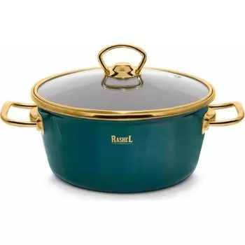 Кастрюля сталь, 3.5 л, с крышкой, крышка стекло, круглая, RasheL, Маруся, R0422, зеленая, индукция