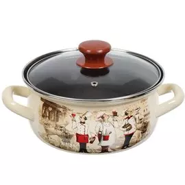 Кастрюля эмалированная сталь, 2 л, с крышкой, крышка стекло, с декором, круглая, Керченский металлургический завод, Сомелье, 61904-102/4.02-У4