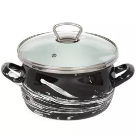 Кастрюля сталь, эмалированное покрытие, 3 л, с крышкой, крышка стекло, Сантэкс, Шейк черно-белая, 1-2430111, индукция