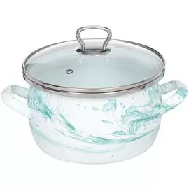 Кастрюля эмалированная сталь, 3 л, с крышкой, крышка стекло, Сантэкс, Шейк бело-бирюзовая, 1-2430111, индукция