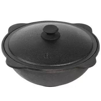 Казан узбекский чугун, 6 л, DavrMetall, с крышкой, крышка алюминий, плоское дно, Гурман