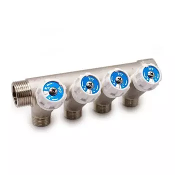 Коллектор 1"х3/4", латунь, 4 выхода, вентиль, 4 выхода, РосТурПласт