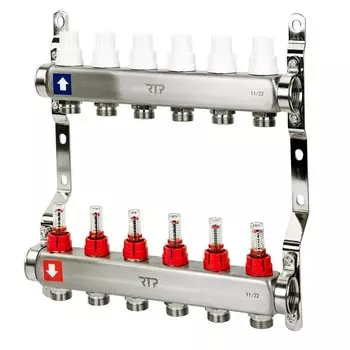 Коллекторная группа с расходометром и кронштейном, 1"х 6 выходов, РосТурПласт