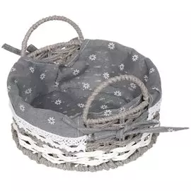 Корзина 21х8.5 см, круглая, плетеная, серая, с металлическим каркасом и текстильной вставкой, с ручками, Y028-1