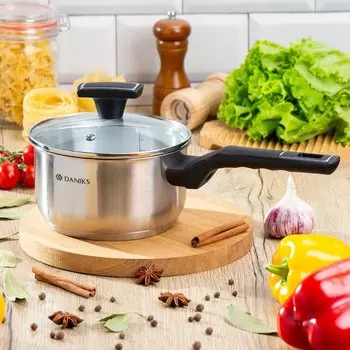 Ковш нержавеющая сталь, 1.7 л, крышка стекло, Daniks, Айленд, SD-23-16S