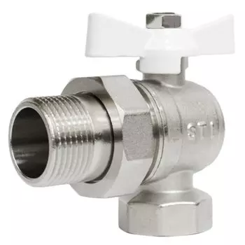 Кран для воды, 1", латунь, угловой, ручка-бабочка, с американкой, STI