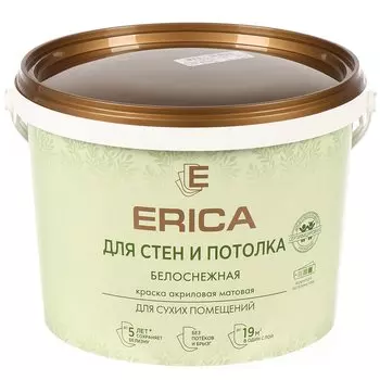 Краска воднодисперсионная, Erica, акриловая, для стен и потолков, матовая, белая, 2.7 кг