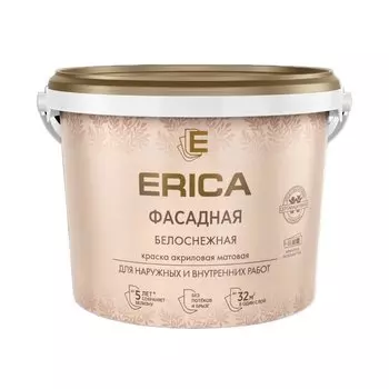 Краска воднодисперсионная, Erica, акриловая, фасадная, моющаяся, влагостойкая, матовая, белая, 4.5 кг
