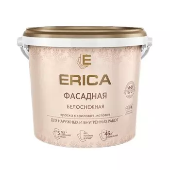 Краска воднодисперсионная, Erica, акриловая, фасадная, моющаяся, влагостойкая, матовая, белая, 6.5 кг