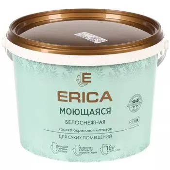 Краска воднодисперсионная, Erica, акриловая, универсальная, моющаяся, влагостойкая, матовая, белая, 2.7 кг