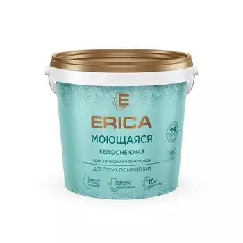 Краска воднодисперсионная, Erica, акриловая, универсальная, моющаяся, влагостойкая, матовая, белая, 1.4 кг