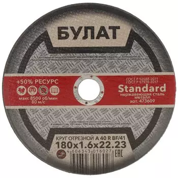 Круг отрезной по металлу, Булат, BF, диаметр 180х1.6 мм, посадочный диаметр 22.23 мм, зернистость A40, тип 41, R 80 м/с
