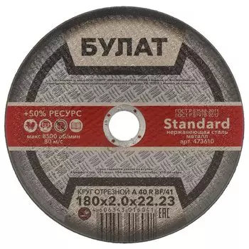 Круг отрезной по металлу, Булат, BF, диаметр 180х2 мм, посадочный диаметр 22.23 мм, зернистость A40, тип 41, R 80 м/с
