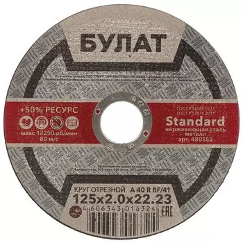 Круг отрезной по металлу, Булат, BF, диаметр 125х2 мм, посадочный диаметр 22.23 мм, зернистость A60, тип 41, R 80 м/с