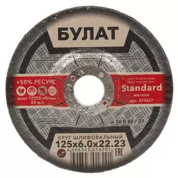 Круг шлифовальный Булат, BF, диаметр 125х6 мм, посадочный диаметр 22.23 мм, 30A, тип 27, R 80 м/с