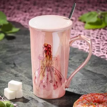 Кружка керамика, 440 мл, с крышкой, с ложкой, Y4-8046