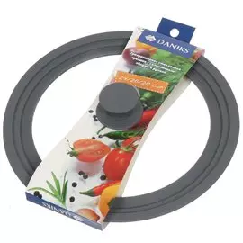 Крышка для посуды стекло, 28 см, Daniks, кнопка бакелит, силикон, серая, 24,26,28 см, с ободом, HA240_1