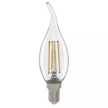 Лампа светодиодная E14, 10 Вт, 230 В, свеча на ветру, 4500 К, General Lighting Systems, Филамент, прозрачное стекло, 649919