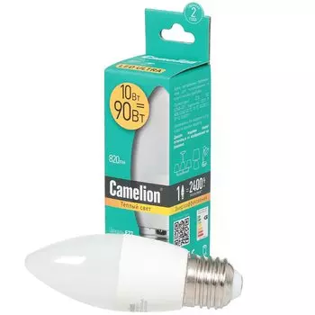Лампа светодиодная E27, 10 Вт, 90 Вт, 220 В, свеча, 3000 К, свет теплый белый, Camelion