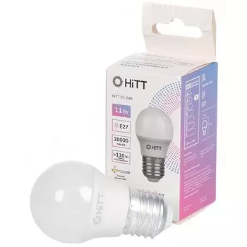 Лампа светодиодная E27, 11 Вт, 230 В, шар, 3000 К, теплый белый свет, HiTT, G45, 1010046