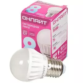 Лампа светодиодная E27, 8 Вт, 75 Вт, шар, 4000 К, нейтральный белый свет, Онлайт