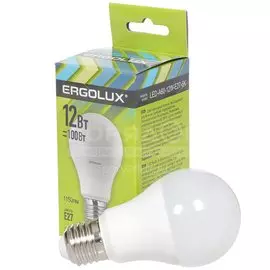 Лампа светодиодная E27, 12 Вт, 100 Вт, 220 В, груша, 6500 К, холодный белый свет, Ergolux, 12880
