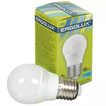 Лампа светодиодная E27, 7 Вт, 60 Вт, 220 В, шар, 4500 К, нейтральный белый свет, Ergolux, 12145