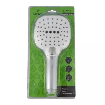 Лейка для душа, пластик, наружная резьба, 1/2 '', 3 режима, хром, Stemix, STM-15