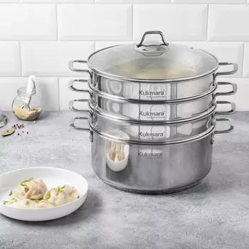 Мантоварка нержавеющая сталь, 26 см, 6 л, 4 секции, Kukmara, крышка стекло, индукция, STM602603G