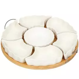 Менажница керамика, 29х29х4.5 см, 240 мл, 7 секций, бамбуковая подставка, белая, Y4-3606