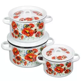 Набор посуды эмалированная сталь, 3 предмета, кастрюли 1.5,2.9,4.5 л, индукция, СтальЭмаль, Маки мечта, 1с33