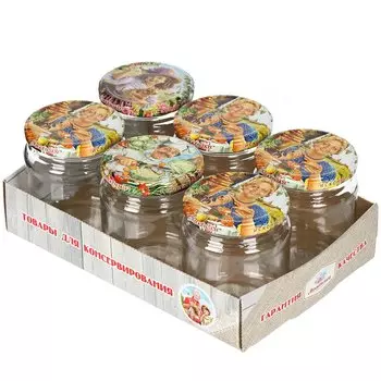 Набор банок стекло, 0.45 л, 6 шт, с крышкой, Москвичка, лоток дерево, 03032983