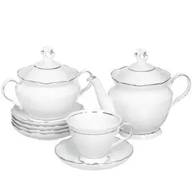 Набор чайный фарфор, 14 предметов, на 6 персон, 250 мл, Добрушский фарфоровый завод, Надежда Платиновый, 8С0648Ф34, подарочная упаковка