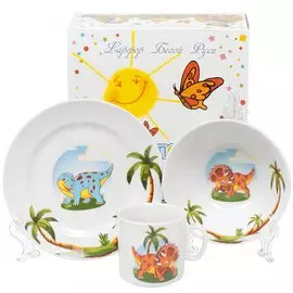 Набор детской посуды керамика, 3 шт, Динозаврики, кружка 200 мл, тарелка 360 мл, салатник 175 мл, Добрушский фарфоровый завод, 9С2752Ф34