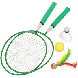 Набор для бадминтона 2 ракетки, 2 волана, 1 шарик, ручка 19 см, пластик, перо, зелено-голубой, 2681