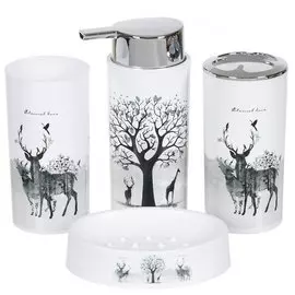 Набор для ванной 4 предмета, Олени, белый, пластик, стакан, подставка для зубных щеток, дозатор для мыла, мыльница, Y9-076