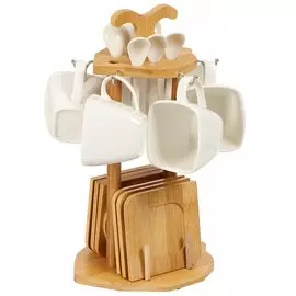 Набор кружек керамика, 19 предметов, на 6 персон, 180 мл, деревянная подставка, Y4-4598